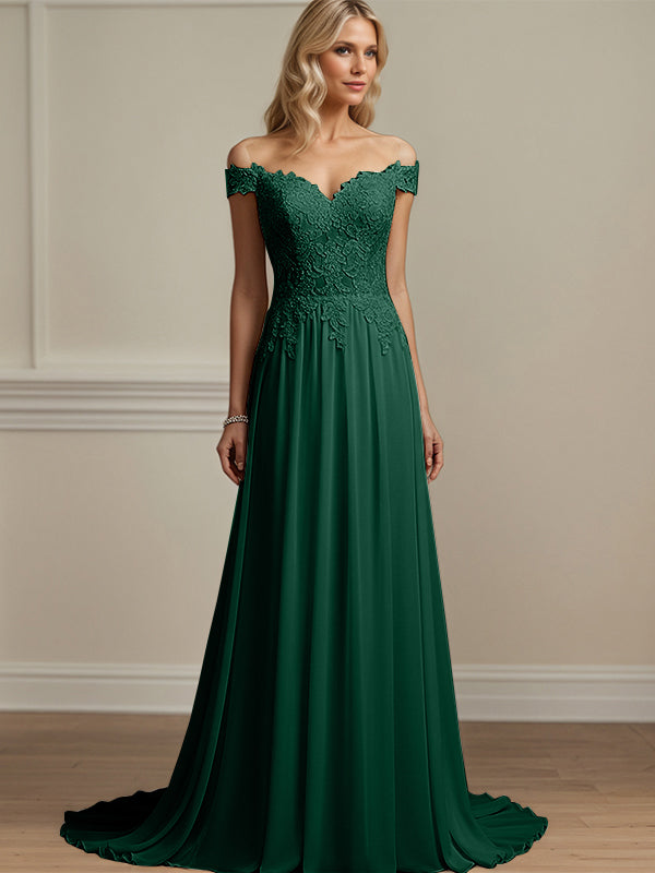 Dunkelgrünes A-Linien schulterfreies Chiffon Kleid für die Brautmutter mit Applikationen