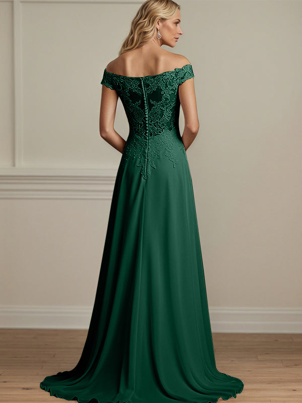 Dunkelgrünes A-Linien schulterfreies Chiffon Kleid für die Brautmutter mit Applikationen