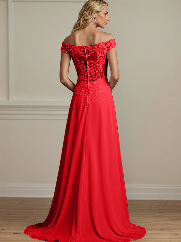 Rotes A-Linien schulterfreies Chiffon Mutter der Braut Kleid mit Applikationen