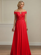 Rotes A-Linien schulterfreies Chiffon Mutter der Braut Kleid mit Applikationen
