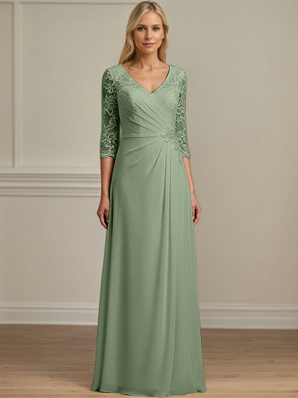 Vestido de mãe da noiva em chiffon com renda, longo, modelo evasê, com decote em V e paetês plissados