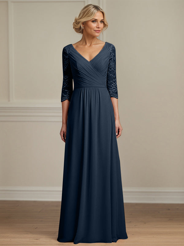Vestido de madre de la novia línea A azul marino oscuro con escote en V, encaje y gasa largo hasta el suelo con plisados