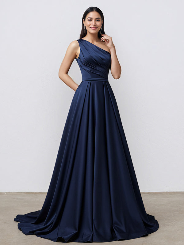 Robe de soirée longue en satin bleu marine, coupe trapèze, une épaule, avec poche