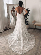 Boho Leaf Lace Spaghetti Strap Fringe Deep V Neck Sheath Wedding Dress