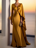 Evening Formal Gold Satin Dress V Neck Long Sleeve Cape Maxi Gown