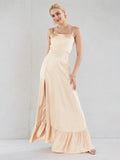 A Line Champagne Satin Square Neck Sleeveless Floor Length Dress With High Slit