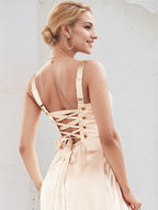 A Line Champagne Satin Square Neck Sleeveless Floor Length Dress With High Slit