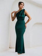 Green Satin One Shoulder Floor Length Formal Party Dress with Bow