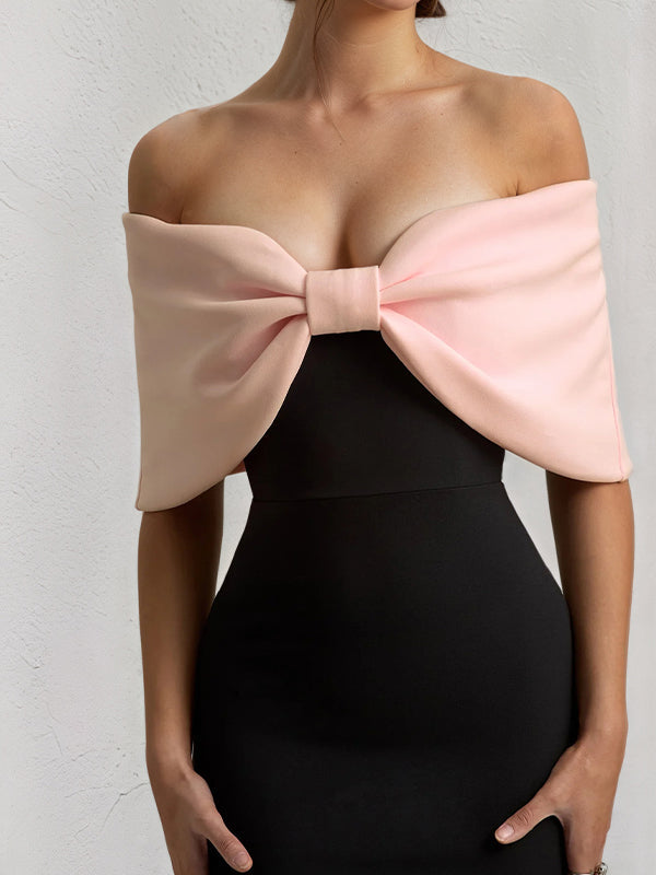Rosa & Schwarz Chiffon Schulterfreies Knöchellanges Festliches Kleid mit Übergroßer Schleife
