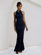 Robe de soirée formelle bleu marine en satin, dos nu, col halter, longueur au sol avec nœud