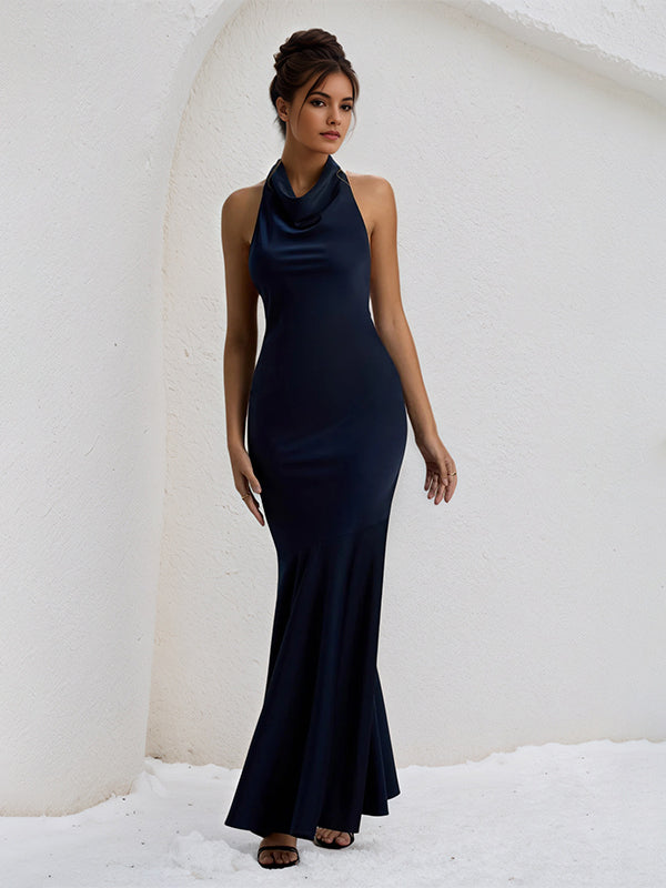 Robe de soirée formelle bleu marine en satin, dos nu, col halter, longueur au sol avec nœud