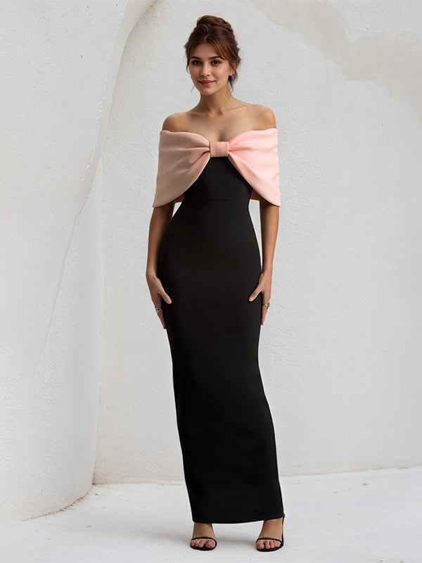 Rosa & Schwarz Chiffon Schulterfreies Knöchellanges Festliches Kleid mit Übergroßer Schleife
