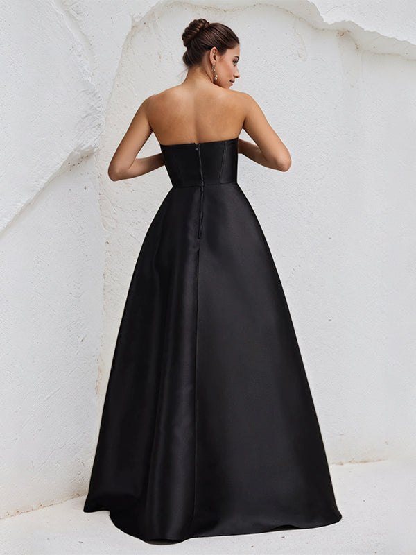 A Line Black Satin Strapless Asymmetrical Length Ruffles Dress with High Slit