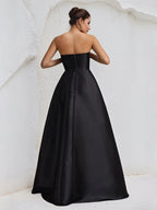 A Line Black Satin Strapless Asymmetrical Length Ruffles Dress with High Slit