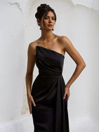 Black Stretch Crepe Off the Shoulder Sleeveless Asymmetrical Length Dress with Slit