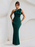 Green Satin One Shoulder Floor Length Formal Party Dress with Bow