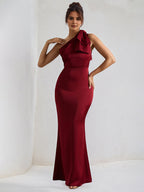 Wine Red Stretch Crepe One Shoulder Sleeveless Floor Length Dress with Bow