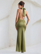Green Satin Cross Over Halter Neck Open Back Floor Length Formal Party Dress
