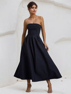 A Line Black Strapless Sleeveless Ruffles Chiffon Dress