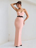 Pink Satin Sweetheart Neckline Sleeveless Floor Lenght Dress with Black Bow