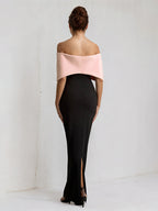 Rosa & Schwarz Chiffon Schulterfreies Knöchellanges Festliches Kleid mit Übergroßer Schleife