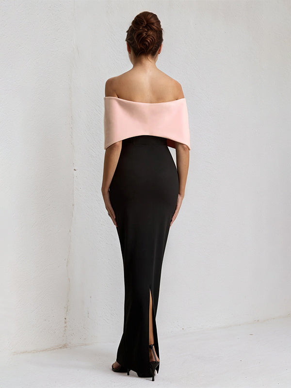 Rosa & Schwarz Chiffon Schulterfreies Knöchellanges Festliches Kleid mit Übergroßer Schleife