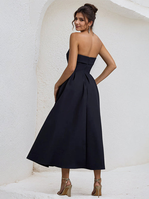 A Line Black Strapless Sleeveless Ruffles Chiffon Dress