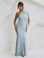 Blaues Satin Ein-Schulter bodenlanges formelles Partykleid mit Schleife