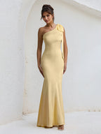 Vestito formale lungo da festa in raso giallo con una spalla e fiocco