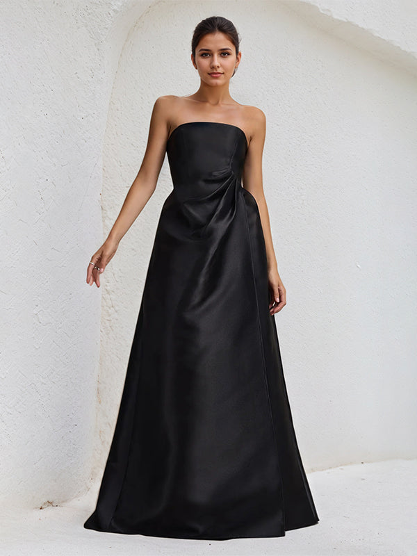 A Line Black Satin Strapless Asymmetrical Length Ruffles Dress with High Slit