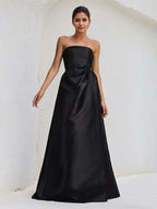 A Line Black Satin Strapless Asymmetrical Length Ruffles Dress with High Slit