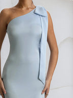 Blaues Satin Ein-Schulter bodenlanges formelles Partykleid mit Schleife