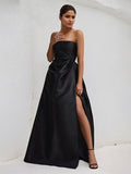 A Line Black Satin Strapless Asymmetrical Length Ruffles Dress with High Slit