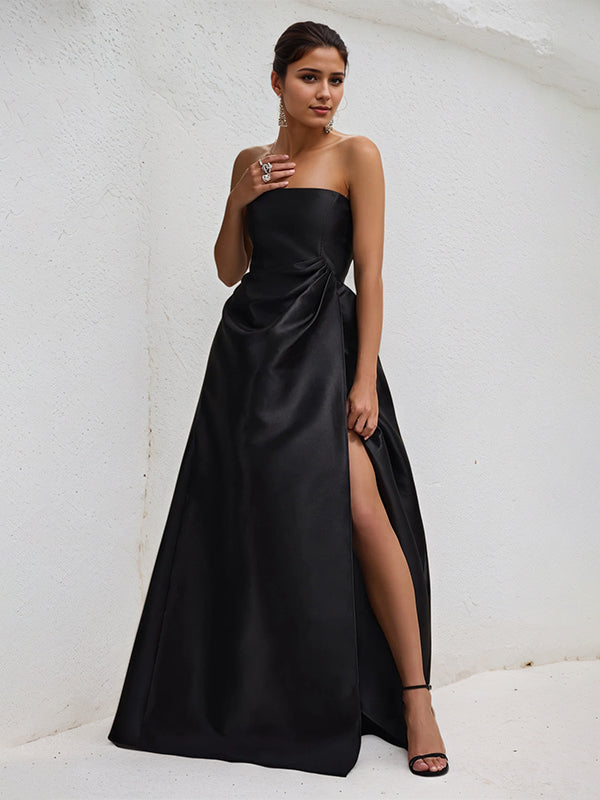 A Line Black Satin Strapless Asymmetrical Length Ruffles Dress with High Slit