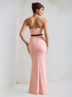 Pink Satin Sweetheart Neckline Sleeveless Floor Lenght Dress with Black Bow