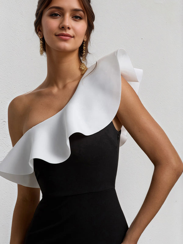 Schwarz-Weißes Ein-Schulter bodenlanges Kleid mit Volants, formelles Party-Kleid