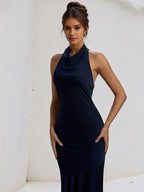 Robe de soirée formelle bleu marine en satin, dos nu, col halter, longueur au sol avec nœud