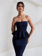 Navy Chiffon Strapless Sleeveless Tea Length Dress with Peplum Detail
