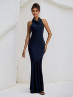 Robe de soirée formelle bleu marine en satin, dos nu, col halter, longueur au sol avec nœud