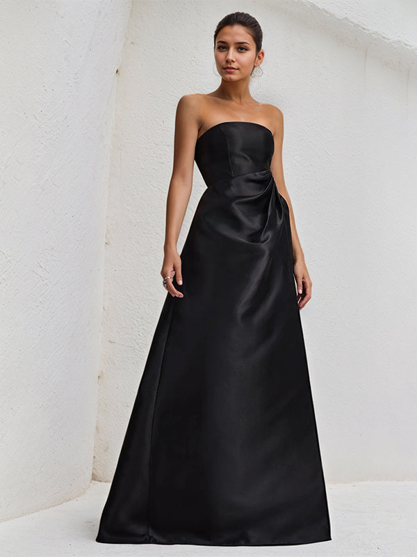 A Line Black Satin Strapless Asymmetrical Length Ruffles Dress with High Slit