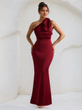 Wine Red Stretch Crepe One Shoulder Sleeveless Floor Length Dress with Bow