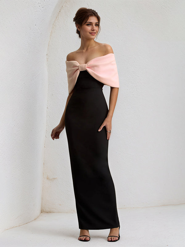 Rosa & Schwarz Chiffon Schulterfreies Knöchellanges Festliches Kleid mit Übergroßer Schleife
