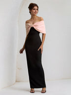 Rosa & Schwarz Chiffon Schulterfreies Knöchellanges Festliches Kleid mit Übergroßer Schleife