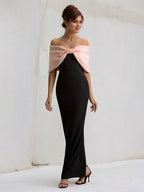 Rosa & Schwarz Chiffon Schulterfreies Knöchellanges Festliches Kleid mit Übergroßer Schleife