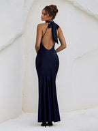 Robe de soirée formelle bleu marine en satin, dos nu, col halter, longueur au sol avec nœud
