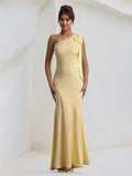 Vestito formale lungo da festa in raso giallo con una spalla e fiocco
