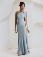 Blaues Satin Ein-Schulter bodenlanges formelles Partykleid mit Schleife