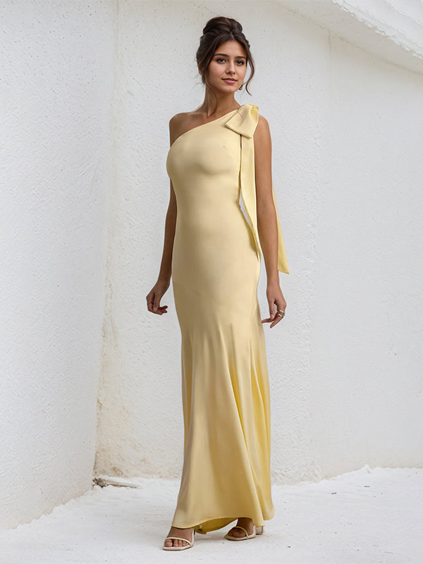 Vestito formale lungo da festa in raso giallo con una spalla e fiocco