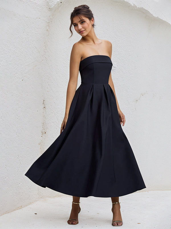 A Line Black Strapless Sleeveless Ruffles Chiffon Dress