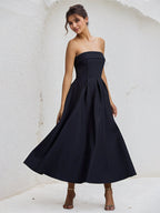 A Line Black Strapless Sleeveless Ruffles Chiffon Dress